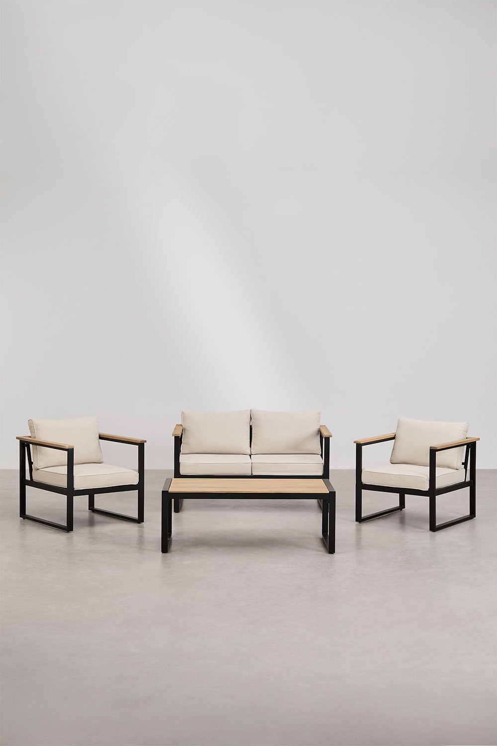 Conjunto de jardim com sofá de 2 lugares, 2 poltronas e mesa de centro em alumínio e madeira de acácia Lipov., imagem de galeria 2