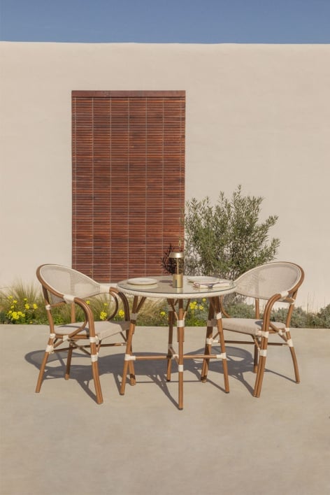 Conjunto de mesa redonda Brielle Bistro Ø80 cm e 2 cadeiras de jardim empilháveis com braços em textilene e alumínio