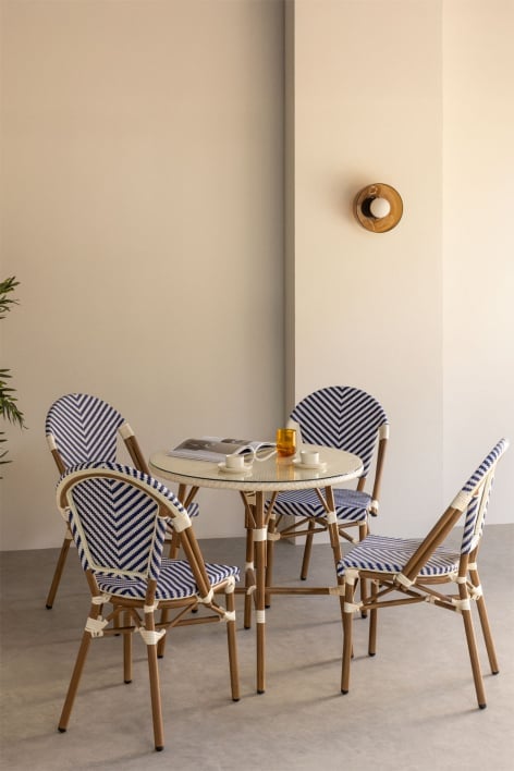 Conjunto de mesa redonda Ø80 cm e 4 cadeiras de jantar empilháveis em alumínio Brielle Bistro - Azul Ken - Gardénia Branco