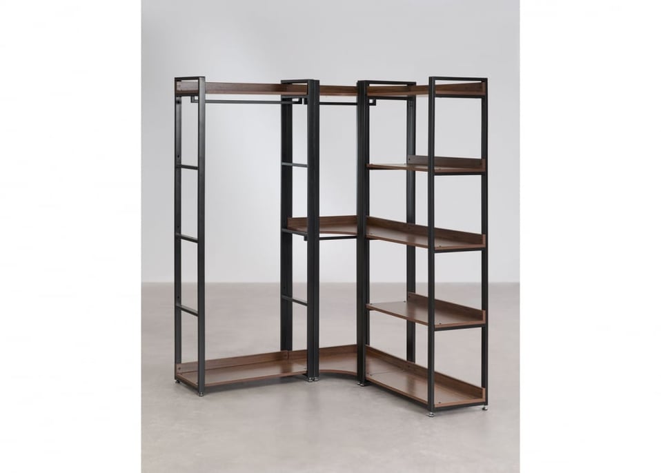 Armário modular aberto de canto de 3 peças com cabideiro em aço e MDF Ariaster - Preto