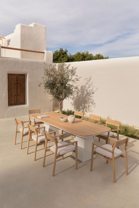 Conjunto de mesa retangular 260x110 cm em alumínio e madeira de teca Inkeri e 8 cadeiras de jardim com braços em madeira Saira