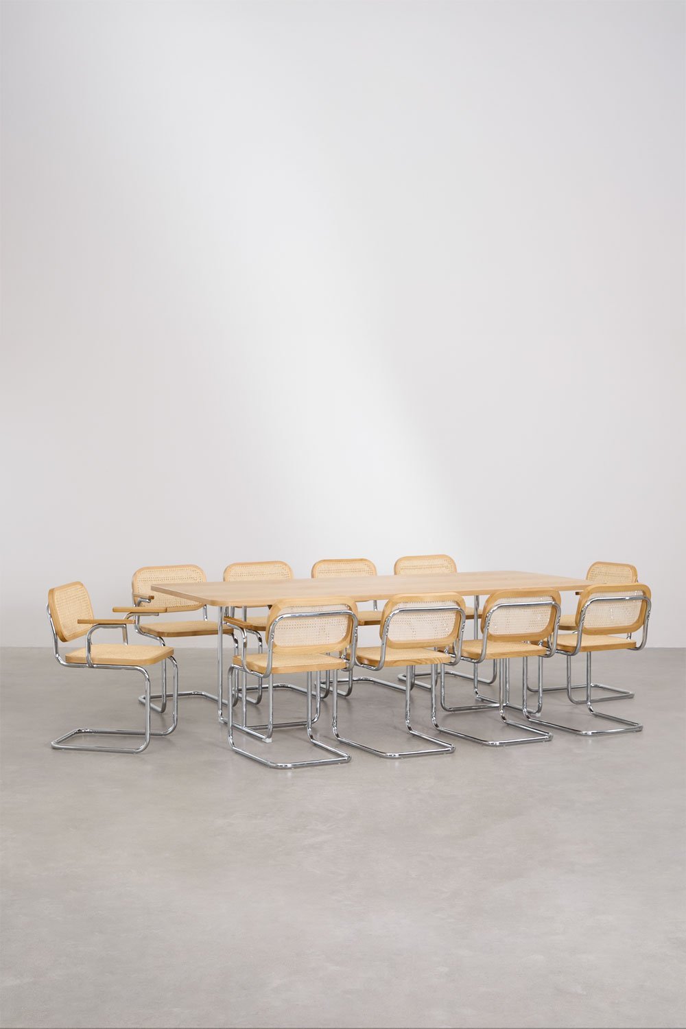 Conjunto de mesa retangular 240x100 cm em MDF e aço inoxidável e 10 cadeiras de jantar com braços Tento, imagem de galeria 3