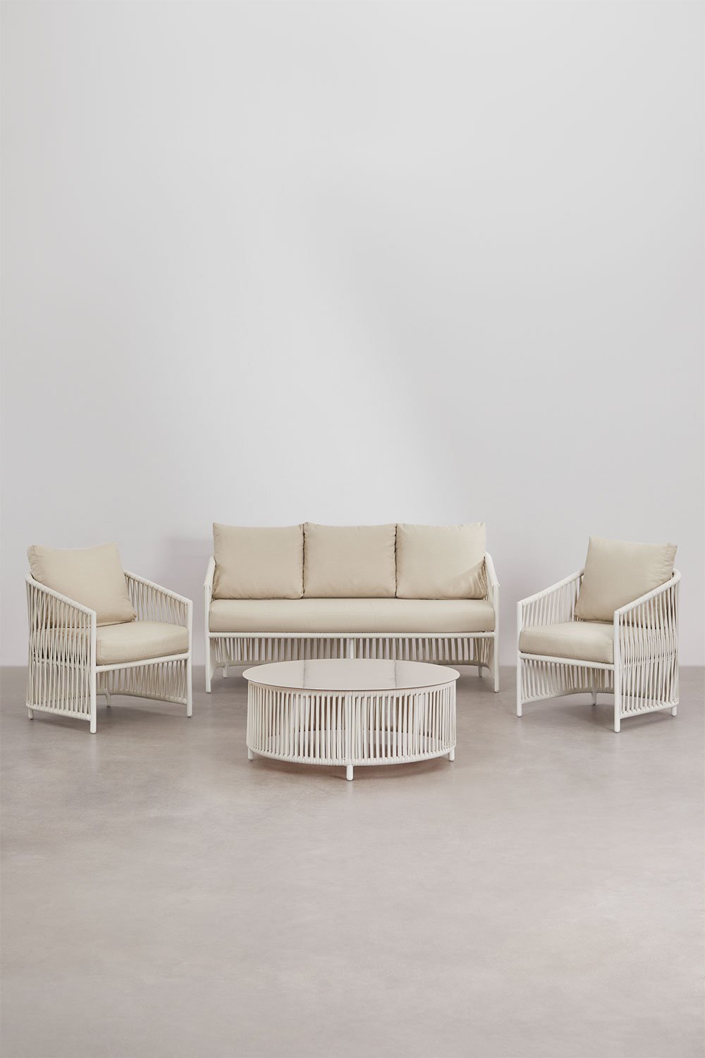 Conjunto de jardim com sofá de 2 lugares, 2 poltronas e mesas de centro em alumínio e corda trançada Sophie., imagem de galeria 4