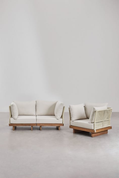 Conjunto de jardim com sofá modular de 2 peças com 2 cadeirões de canto e cadeirão em madeira de acácia Dailin