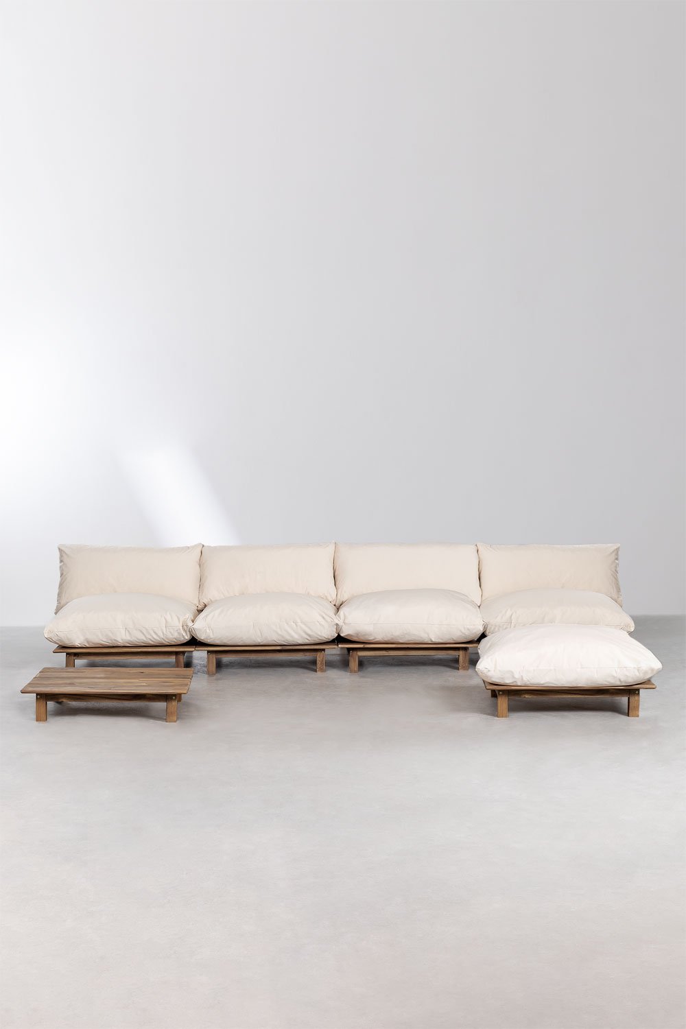 Conjunto de jardim com sofá modular reclinável de 4 peças, mesa de centro e puff em madeira de acácia Brina, imagem de galeria 3