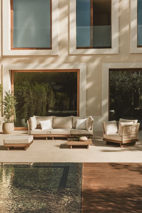 Conjunto de sofá de jardim modular Dailin de 3 peças com 2 cadeiras de canto, mesa de centro, poltrona e pufe em madeira de acác