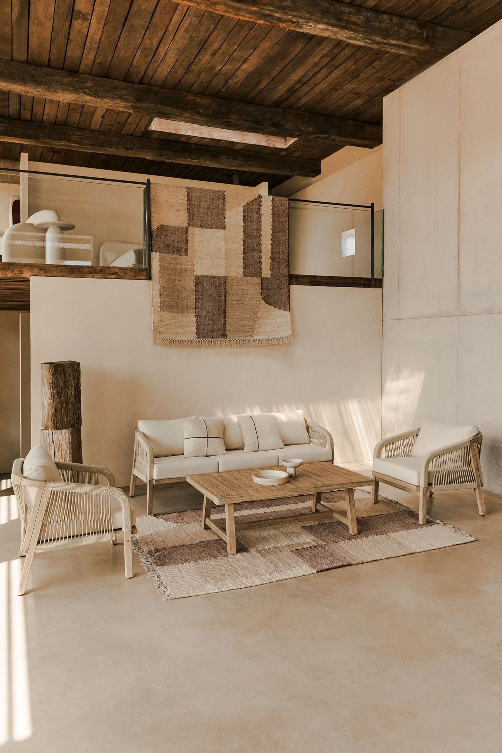 Conjunto de sala com sofá de 3 lugares, 2 poltronas e mesa de centro em madeira de acácia Dubai, imagem de galeria 13