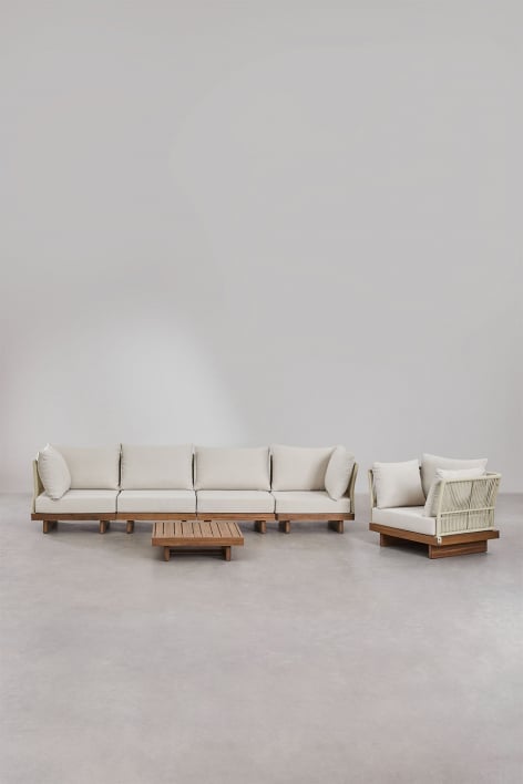 Conjunto de sala de estar com sofá modular de 4 peças com 2 poltronas de canto, mesa de centro e poltrona em madeira de acácia D