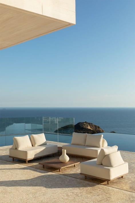 Conjunto de jardim com sofá de canto modular de 2 peças com mesa lateral, poltrona e mesa de centro em madeira de acácia Portet