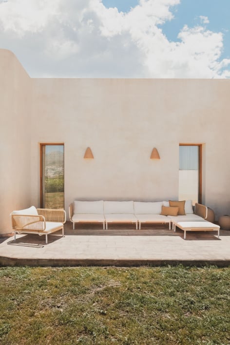 Sofá de jardim modular de 4 peças com 2 poltronas de canto, pufe e poltrona Roubly
