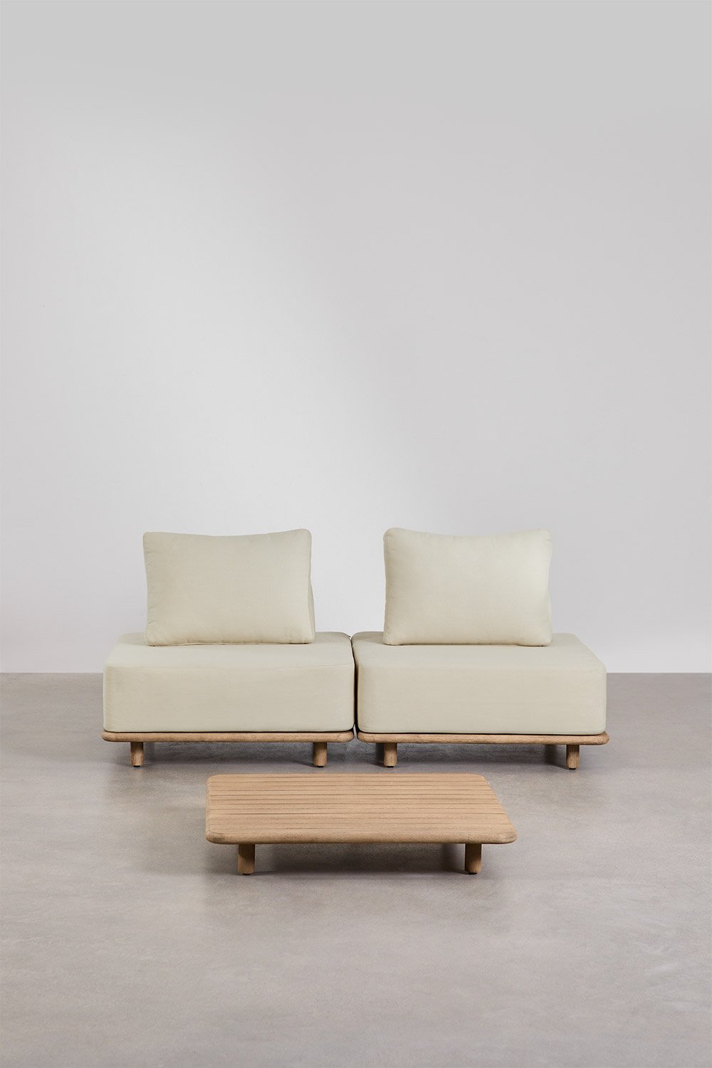 Conjunto de jardim com sofá modular de 2 peças e mesa de centro 95x95 cm em acácia Portet, imagem de galeria 4