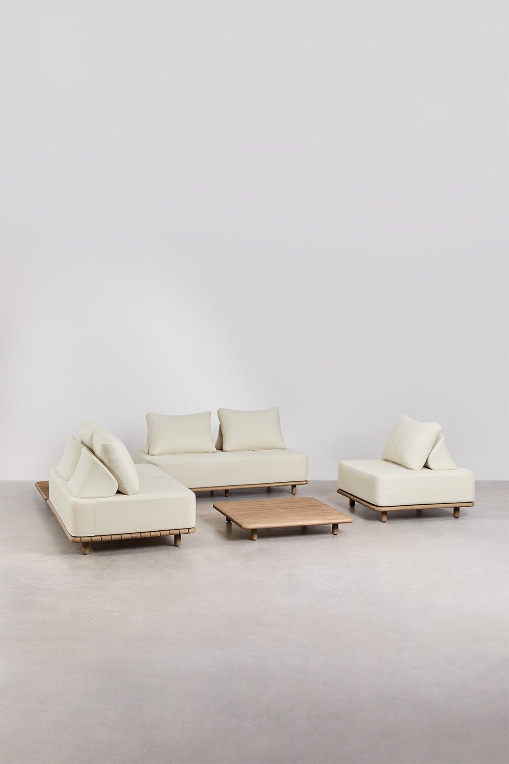 Conjunto de sala com sofá modular de canto de 2 peças, mesa auxiliar, poltrona e mesa de centro 95x95 cm em acácia Portet, imagem de galeria 1