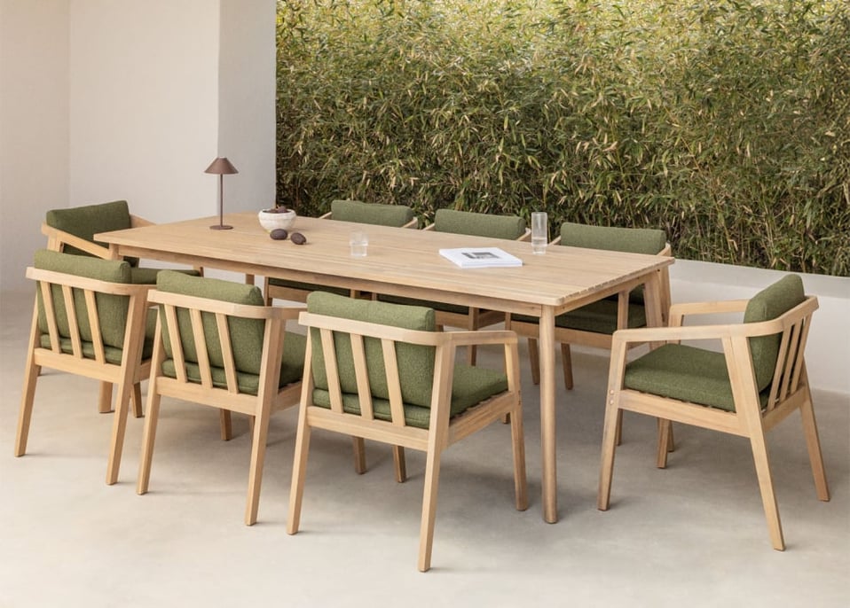Conjunto de mesa retangular (220x100 cm) e 8 cadeiras de jardim em madeira de acácia Kaela