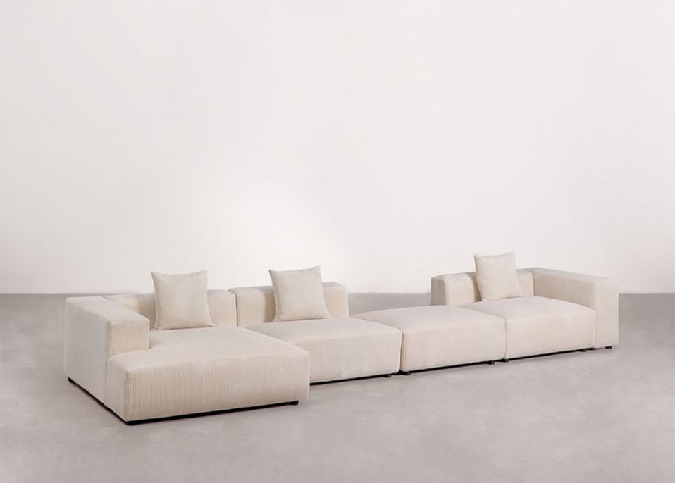 Sofá modular chaise longue esquerdo de 3 peças com braço alto e puff ↔︎480 cm Bruna - Bombazina Crema Linho