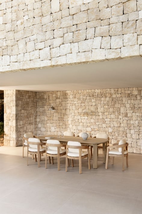 Conjunto de mesa retangular 240x100 cm em madeira de acácia e 8 cadeiras de jardim em madeira de acácia Uleno