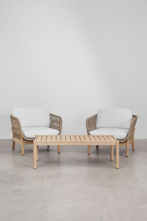 Conjunto de sala de estar com 2 poltronas e mesa de centro em madeira de acácia e corda trançada Karvia