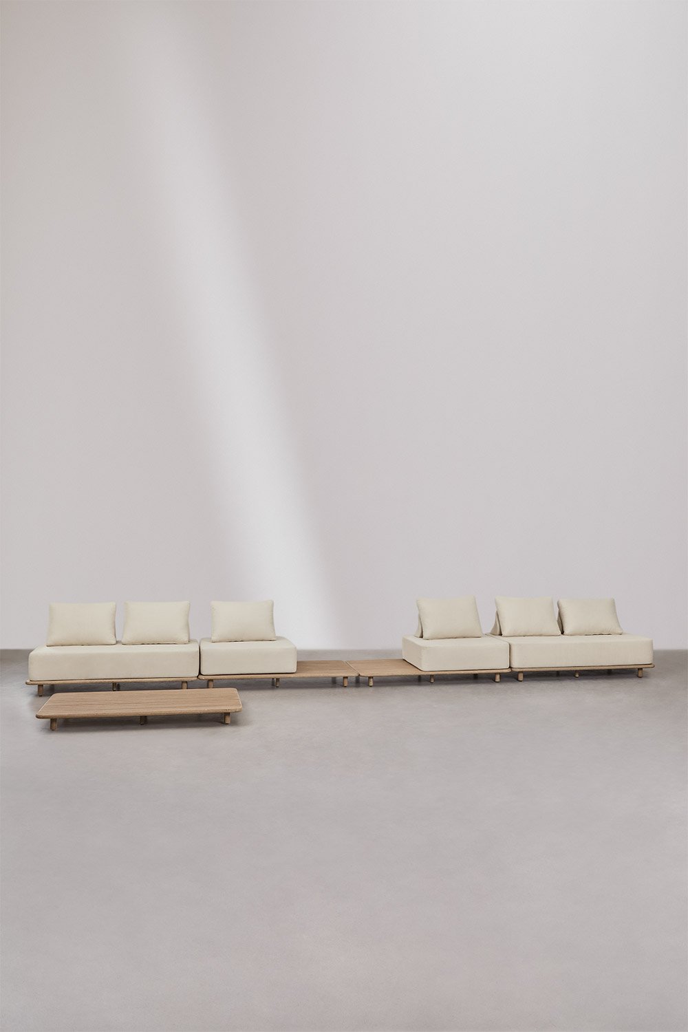 Conjunto de sala com sofá modular de 4 peças com mesa auxiliar e mesa de centro 160x95 cm em acácia Portet, imagem de galeria 1