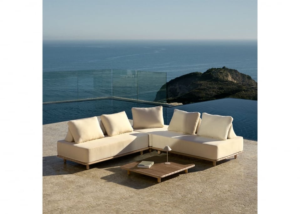 Conjunto de jardim com sofá modular de canto de 3 peças e mesa de centro 95x95 cm em acácia Portet