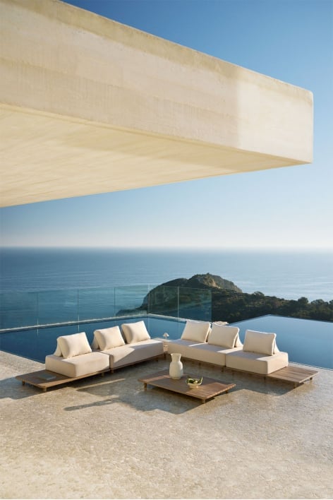 Conjunto de jardim com sofá de canto modular de 4 peças com mesa lateral e mesa de centro 160x95 cm em acácia Portet