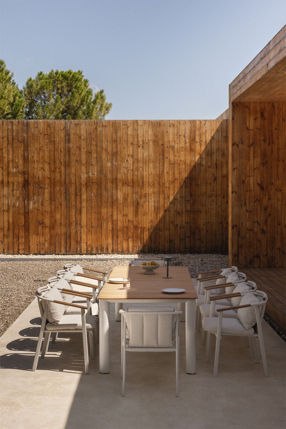 Conjunto de mesa retangular 260x100 cm em alumínio e madeira de teca Sirka e 10 cadeiras de jardim em alumínio e tecido bouclé Y, imagem de galeria 1