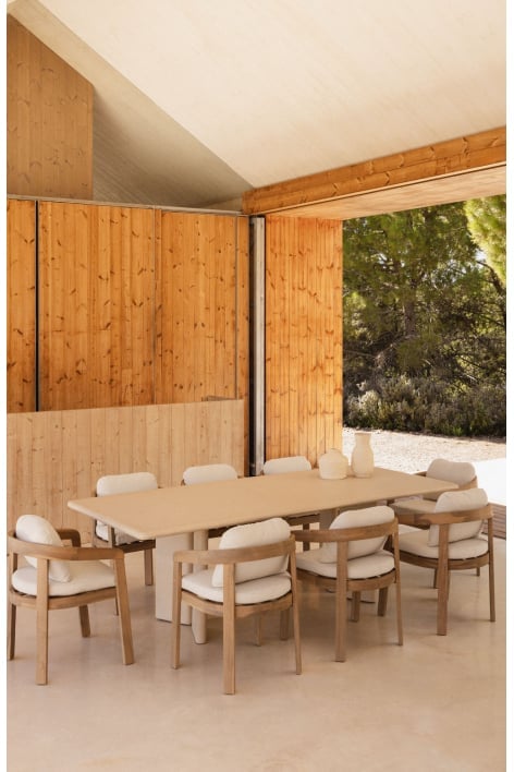 Conjunto de mesa retangular 240x100 cm em cimento Chelsea e 8 cadeiras de jardim em madeira de acácia Uleno