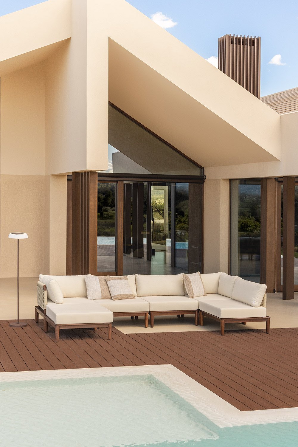 Sofá de canto de jardim modular Giulia de 5 peças e pufe em acácia, imagem de galeria 1