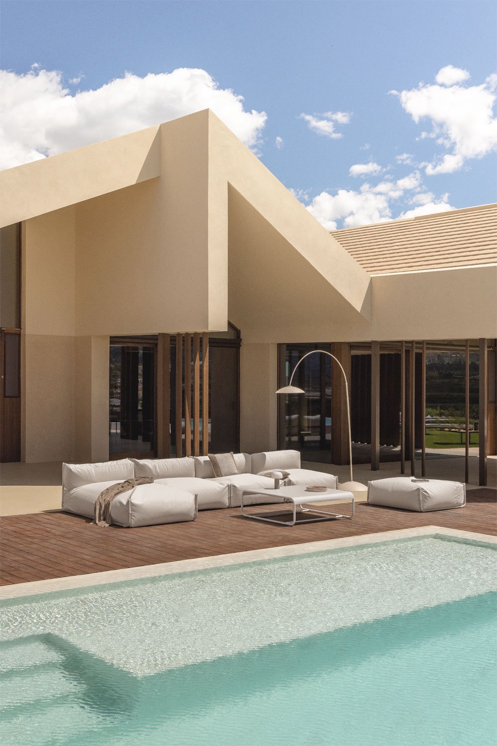 Sofá de jardim modular Porto com chaise longue de 4 peças, pufe e mesa de centro, imagem de galeria 1