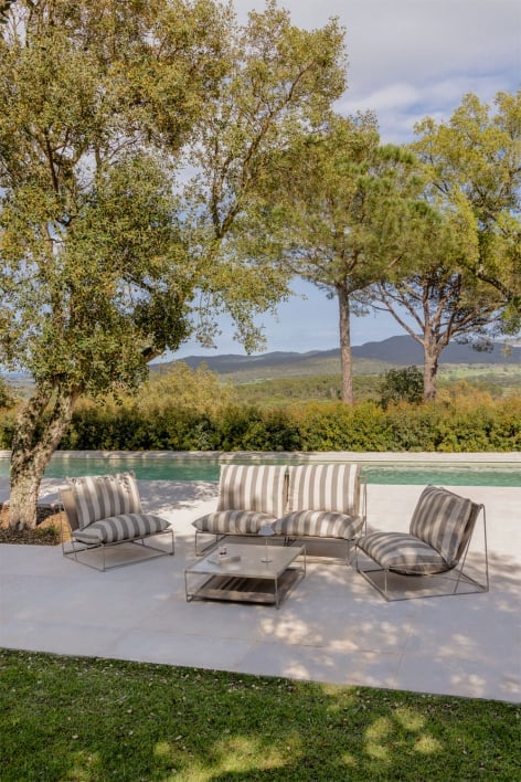 Conjunto de jardim Amaro com sofá modular de 2 peças, 2 poltronas e mesa lateral conversível