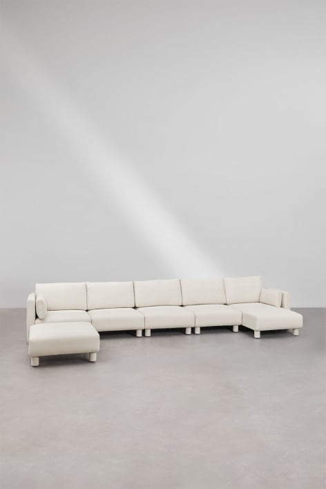 Sofá modular de 5 peças com chaise longue e pufe em tecido Artemisa bouclé