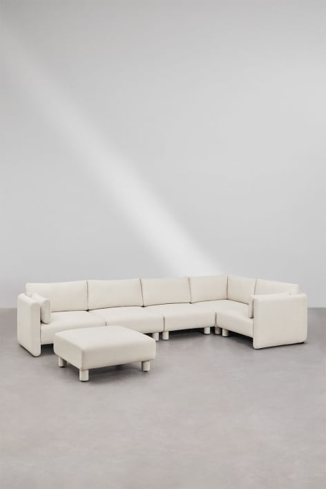 Sofá modular de canto direito de 5 peças e pufe em tecido bouclé Artemisa