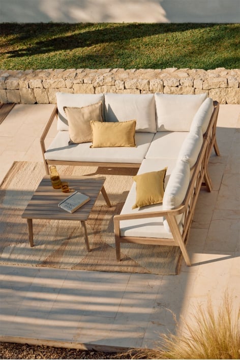 Conjunto de jardim com sofá de canto e mesa de apoio em madeira de acácia Kaela
