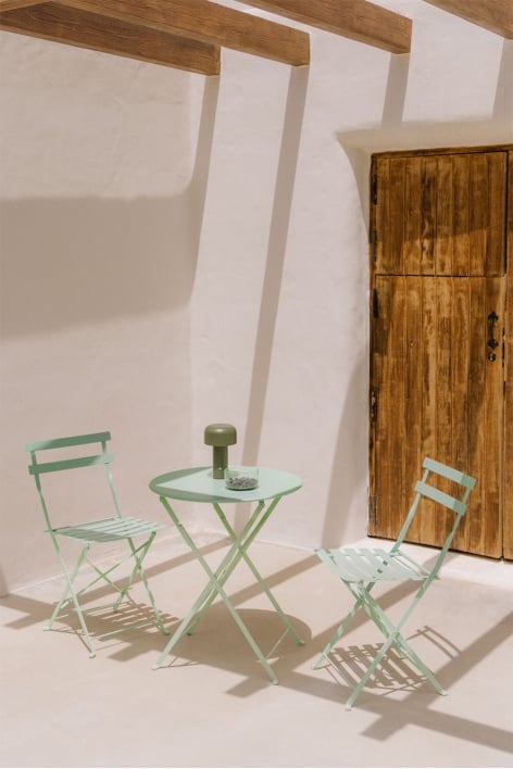 Conjunto de mesa redonda de jardim Sergey, Ø60 cm, em aço e duas cadeiras de jardim dobráveis