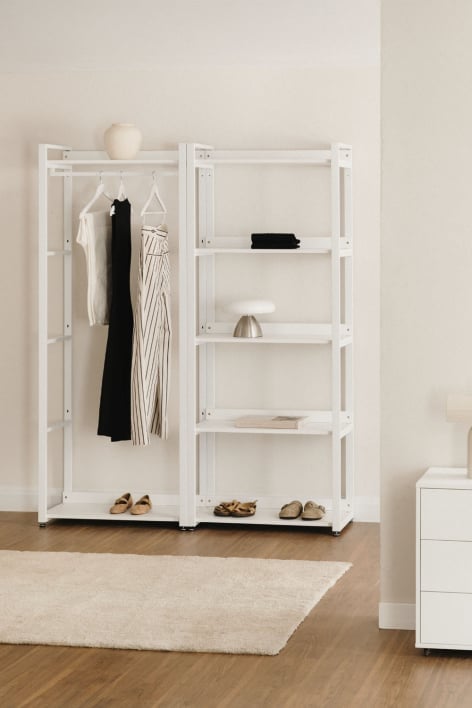 Armário Modular Aberto de 2 Peças com Cabideiro e Estante em Aço e Madeira Ariaster - Branco