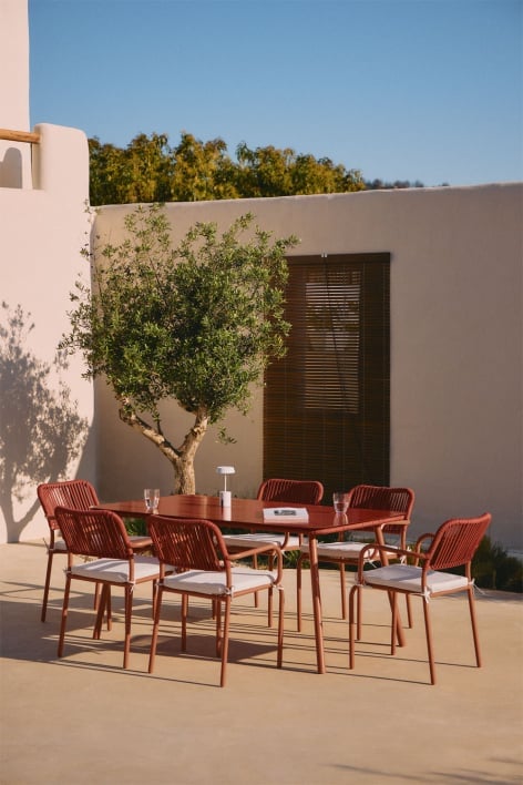 Conjunto de mesa retangular Arhiza, 160x90 cm, e 6 cadeiras de jardim empilháveis de alumínio.