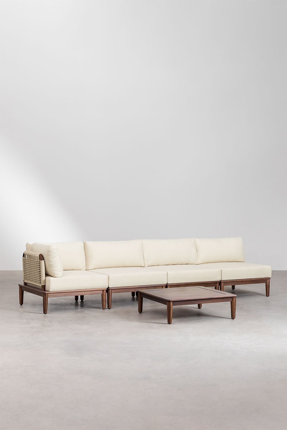 Conjunto de sala de estar com sofá de canto modular de 4 peças e mesa de centro em acácia Giulia, imagem de galeria 1