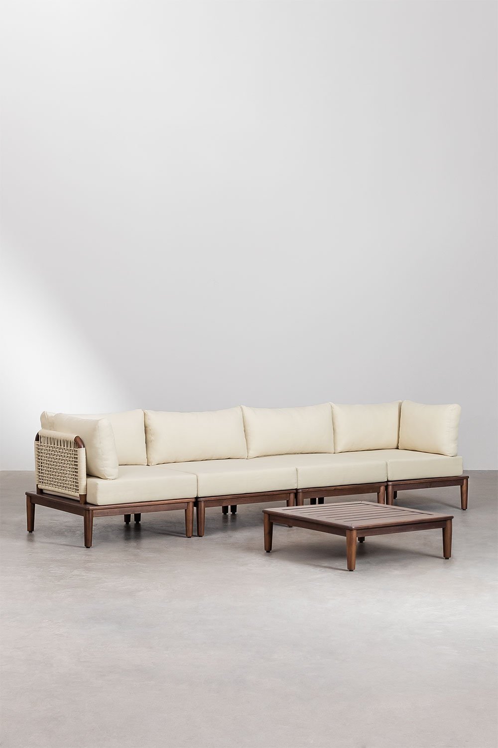 Conjunto de sala com sofá modular de 4 peças com 2 poltronas de canto e mesa de centro em acácia Giulia, imagem de galeria 1