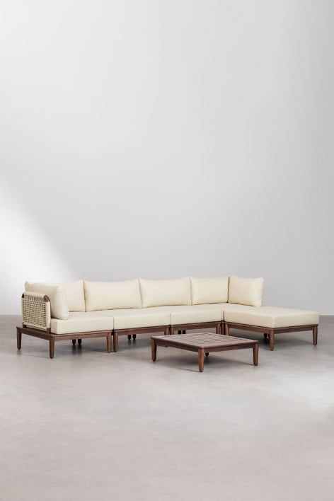 Conjunto de sala com sofá modular de 4 peças com 2 poltronas de canto, mesa de centro e puff em acácia Giulia