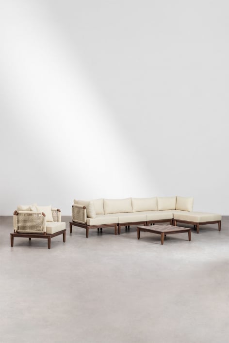 Conjunto de sala com sofá modular 4 peças com 2 poltronas de canto, mesa de centro, puff e poltrona em acácia Giulia