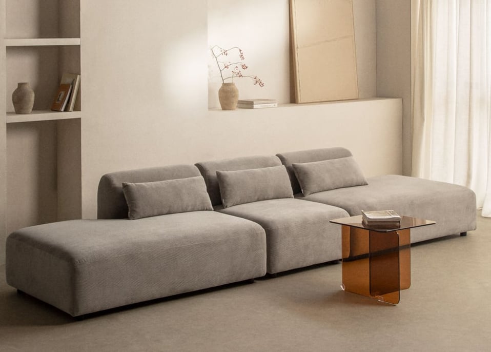 Sofá-chaise duplo modular de 3 peças Fogler - Bombazina Toupeira Claro