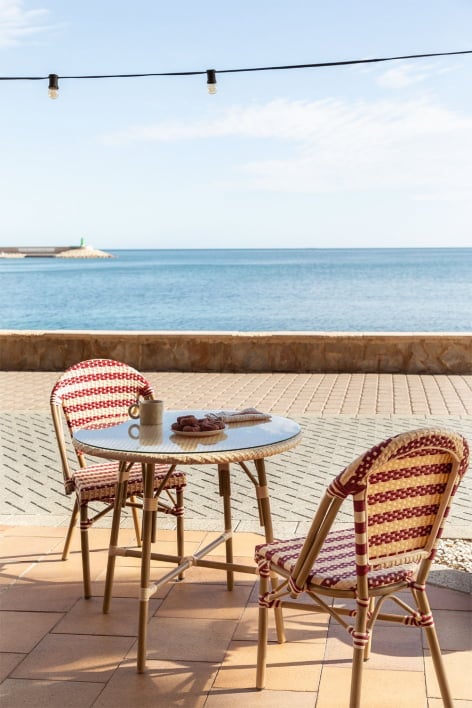 Conjunto de mesa redonda Brielle Bistro Ø80 cm e 2 cadeiras de jardim empilháveis em rattan sintético e alumínio Solange Bistro