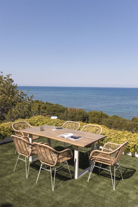Conjunto de mesa retangular 180x90 cm em madeira de acácia e aço Maupi e 6 cadeiras de jardim em vime sintético Zole