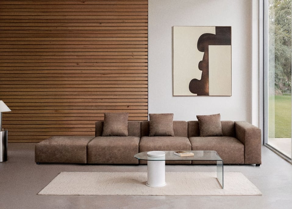 Sofá modular de canto direito de 3 peças com braço alto e puff ↔︎370 cm Bruna - Camurça Café Castanho