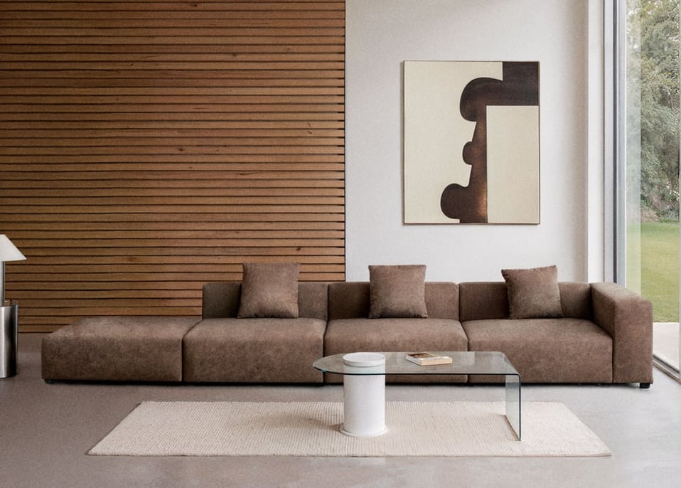 Sofá modular de canto direito de 3 peças com braço alto e puff ↔︎450 cm Bruna - Camurça Café Castanho