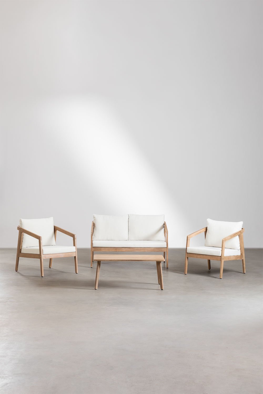 Conjunto de jardim Kaela com sofá, 2 poltronas e mesa de centro em madeira de acácia, imagem de galeria 5