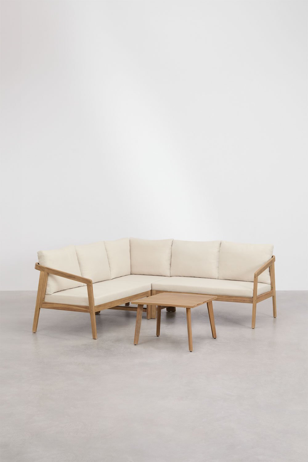 Conjunto de sala de estar com sofá de canto e mesa lateral em madeira de acácia Kaela, imagem de galeria 1