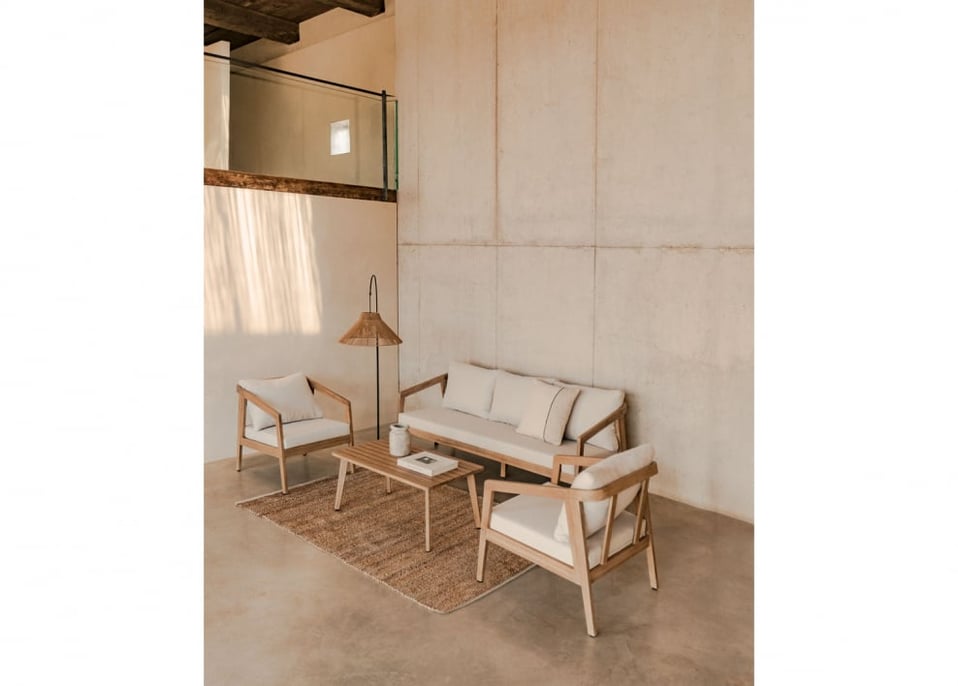 Conjunto de sala de estar em madeira de acácia Kaela - Tecido Gardénia Branco