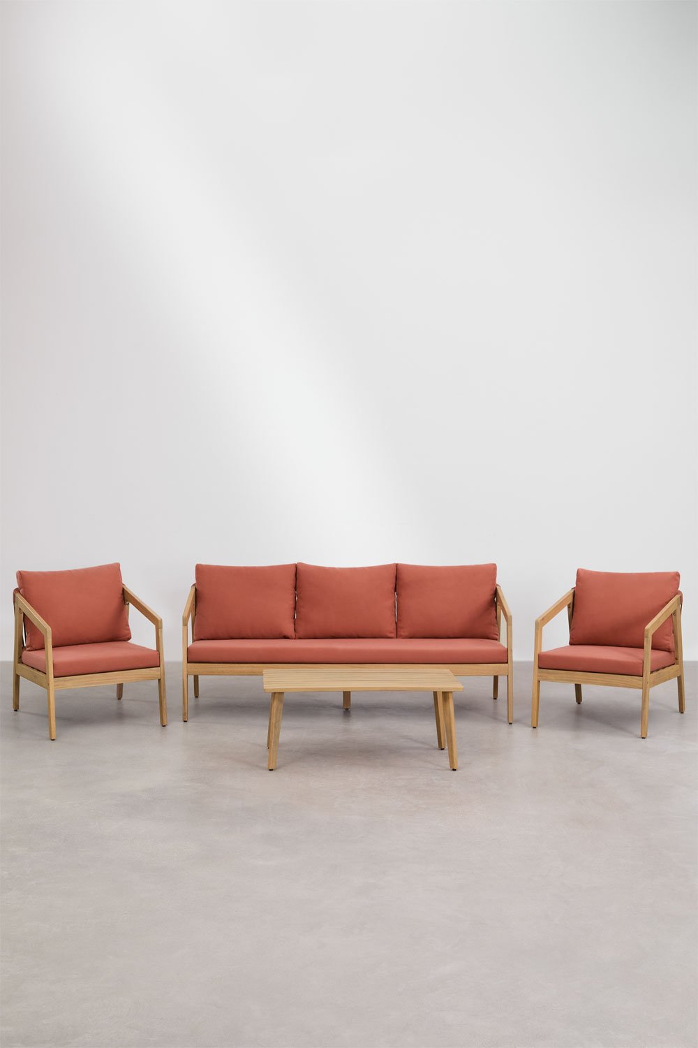 Conjunto de sala com sofá de 3 lugares, 2 poltronas e mesa de centro em madeira de acácia e corda trançada Kaela, imagem de galeria 1