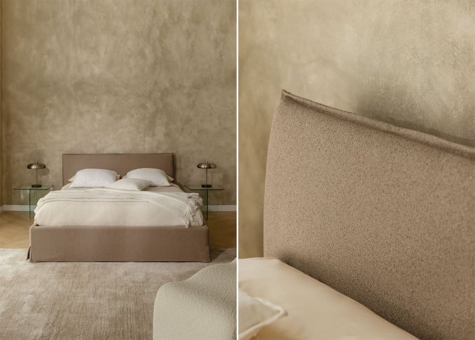 Cama para colchão 180x200cm com canapé rebatível em bouclé castanho trigo Lorea