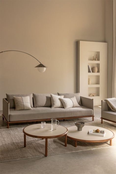 Conjunto de sala de estar com sofá de 3 lugares e duas mesas de centro redondas em madeira de acácia Olivia