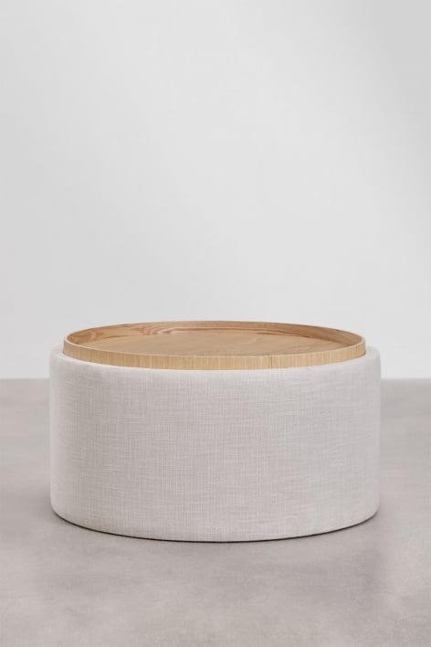 Mesa de centro redonda estofada Berkeleni com bandeja e armazenamento - Linho Beige Creme